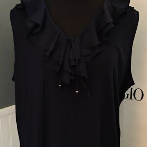 Chaps Blue and White Ruffled Sleeveless Blouse